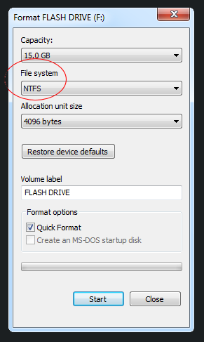 Options for formatting the external drive with NTFS file system