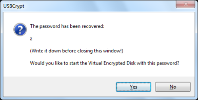 The successful result of the Recover Password command of USBCrypt