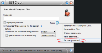 The Recover Password command of USBCrypt