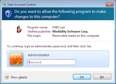 The admininstrator must give the permission to run USBCrypt off the attached drive